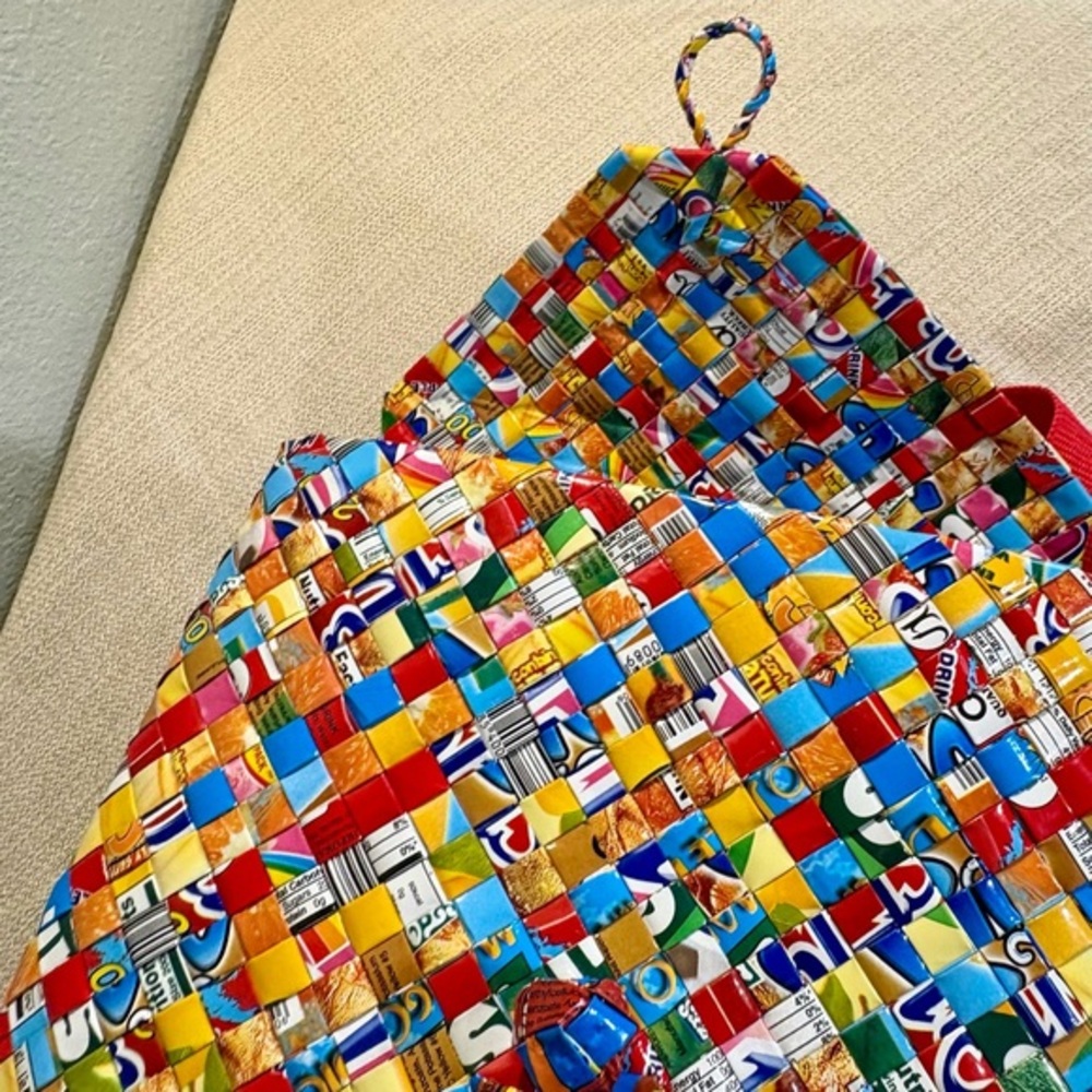 Colorful Handmade Upcycled Woven Backpack with Red‎ Straps - Picture 3 of 10